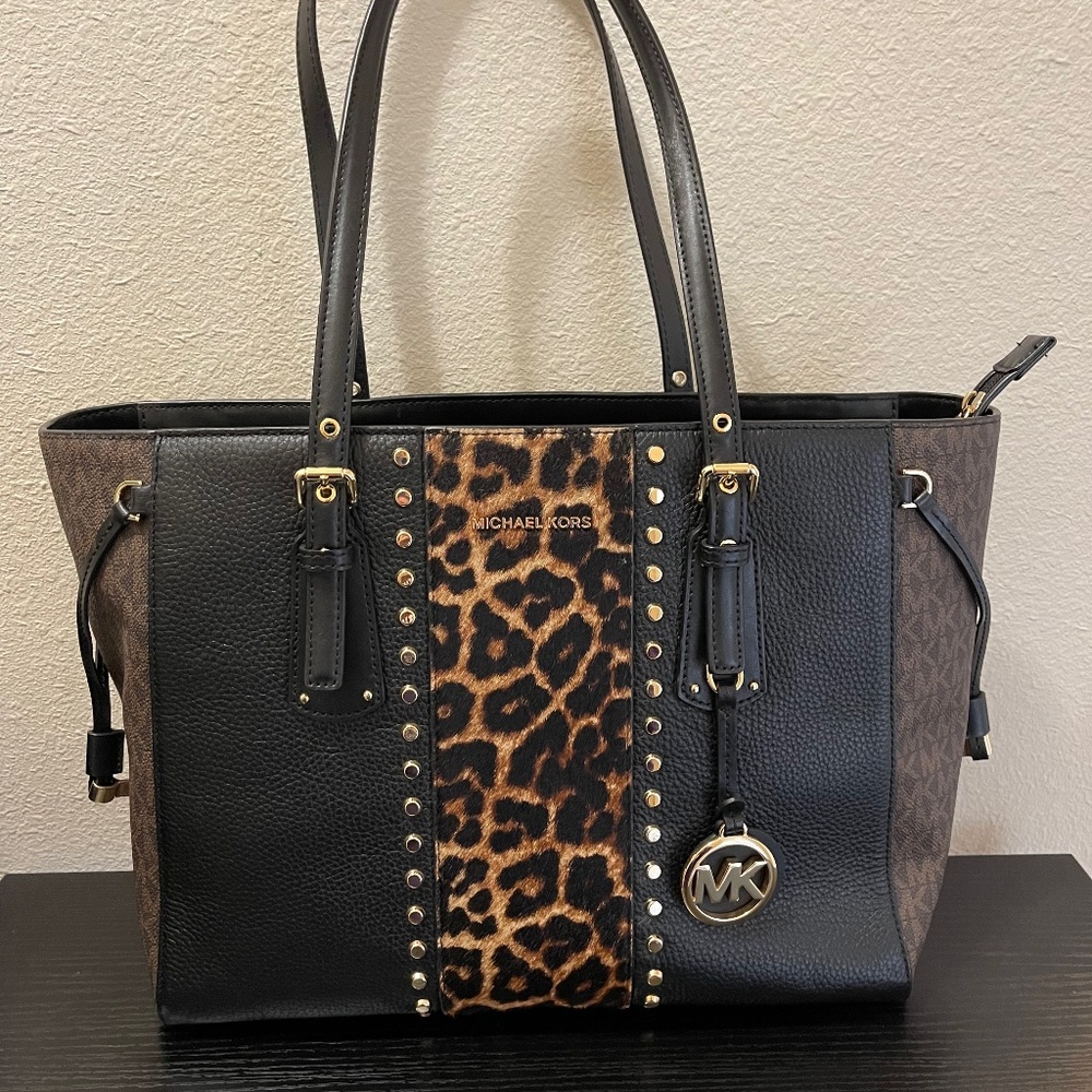 Michael Kors Black Brown Leopard Print Leather Shoulder Bag